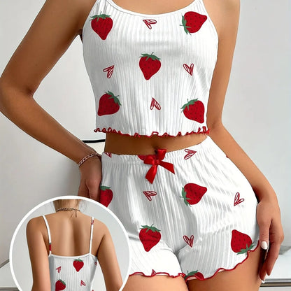 New Strawberry Print Sleepwear Set Women's Ribbed Pajamas with Hearts & Bow Soft Comfy Lounge Set with Shorts Cute Summer PjGift