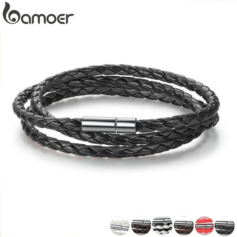 BAMOER PU Leather Bracelet Multi-layer Wrap Braid Long Chain Adjustable Magnet Buckle Unisex for Women and Men Stackable Jewelry