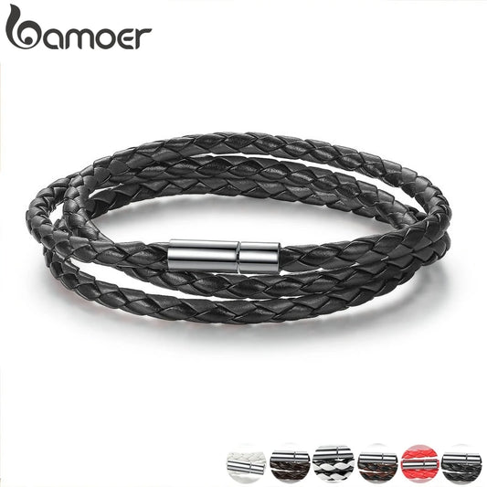 BAMOER PU Leather Bracelet Multi-layer Wrap Braid Long Chain Adjustable Magnet Buckle Unisex for Women and Men Stackable Jewelry