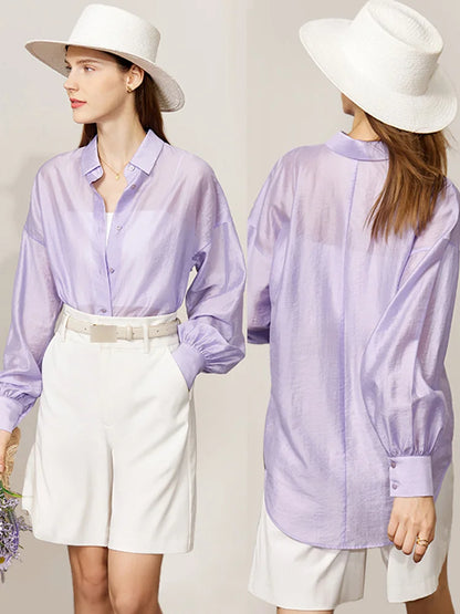 AMII Minimalist Blouse for Women 2023 Autumn Lantern Sleeve V-Neck Slightly Transparent Elegant Commuter Clothing Tops 72341030