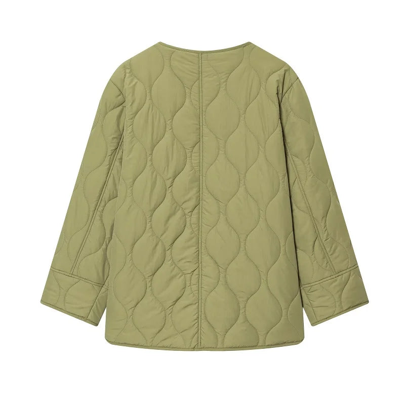 Quilted Jacket Women - Warm Winter Padded Coat With Covered Button Closure