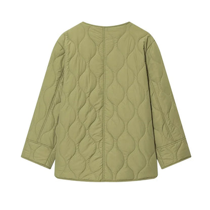 Quilted Jacket Women - Warm Winter Padded Coat With Covered Button Closure