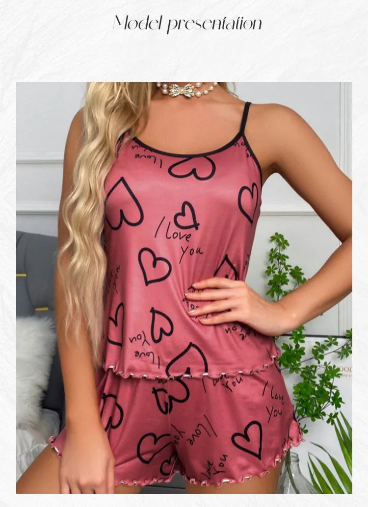 Women's Heart-Shaped Printed Pajamas Set Sexy Pajamas Silk Pleated Vest Shorts Set Soft and Comfortable Home Wear Sweet and Cute