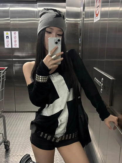 Seeslim Print Cross Graphic T Shirts Woman Long Sleeve Blck Goth Autumn Spring Tops Tees Female Clothing 2000s Clothes Y2k Chic