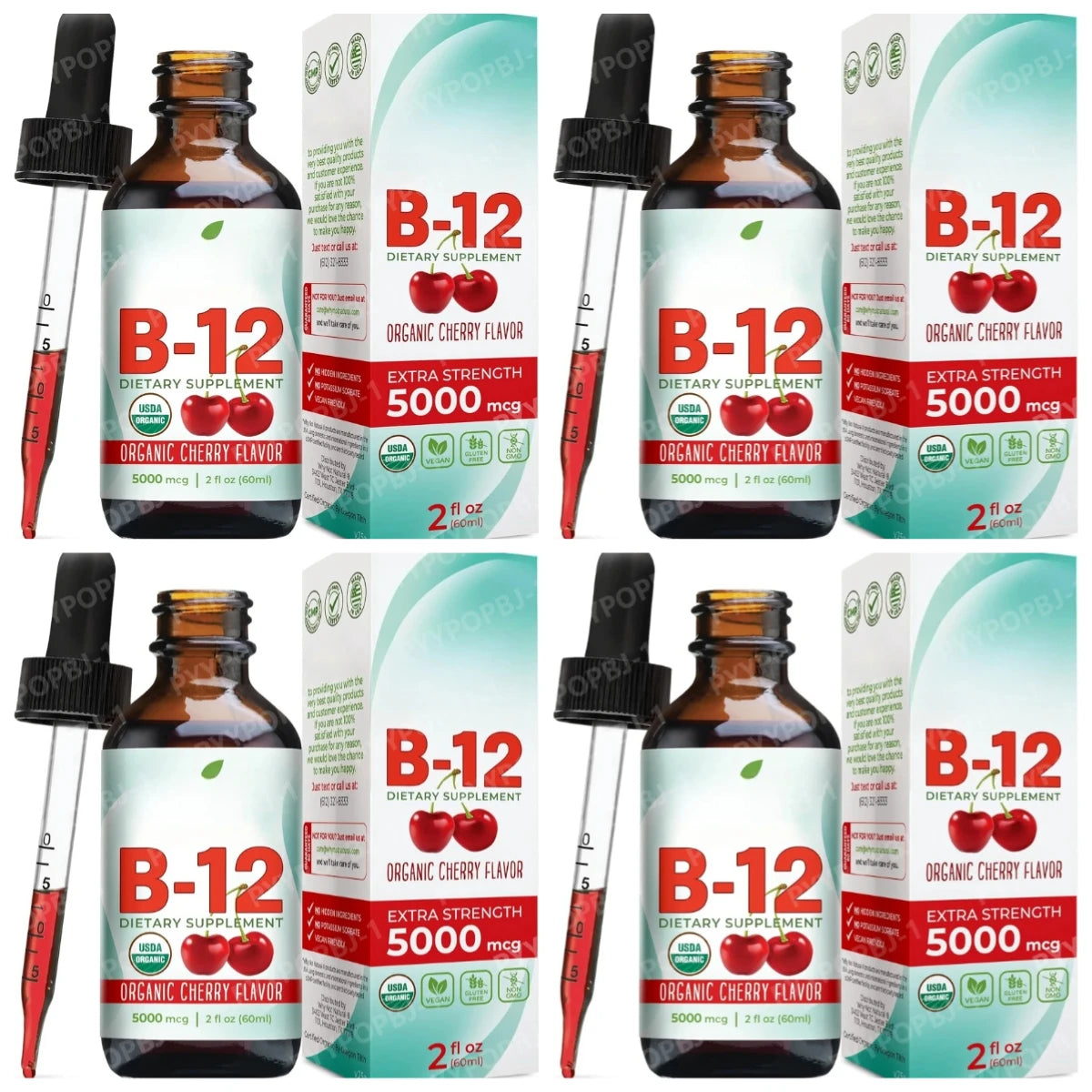 Vitamin B12 Drops 5000mcg Methylcobalamin Liquid Sublingual Supplement Cherry Flavor Vegan Sugar Free Daily Nutrition 60ml