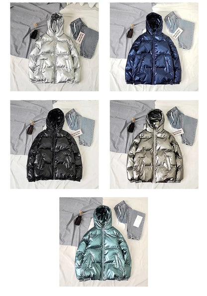 Streetwear Fashion Bright Silver Puffer Jackets for Men Thicken Winter Mens Coats Casual Hooded Cotton Wadded Heated Jacket Men