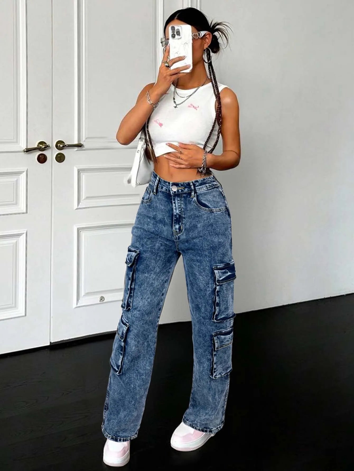 Trendy Casual Street Multi Flap Pockets Tape Elastic Waist Straight Leg Cargo Jeans Denim Pants All-Season Utility Denim Pants