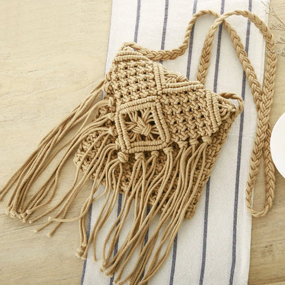 Handmade Cotton Crossbody Bag - Vintage Tassel Shoulder Messenger for Women Summer Beach Handbag 2023