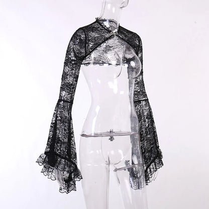 Lace Mall Gothic See Through Shrug Tops Grunge Aesthetic Black Flare Sleeve Crop Top Women Vintage Punk Sexy Clothing