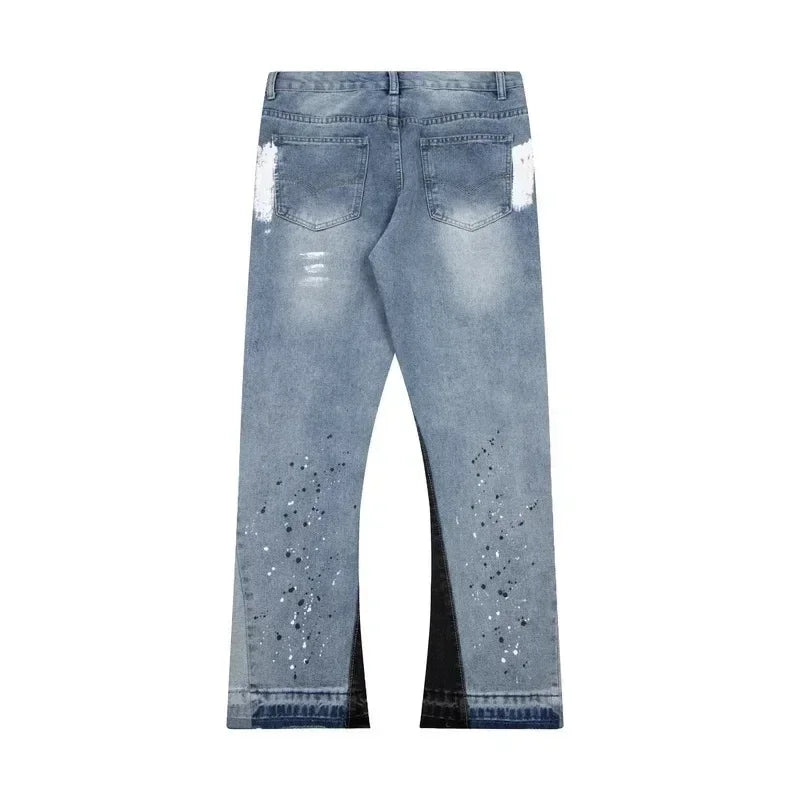 American Streetwear Splashed Ink Patchwork Baggy Jeans Men Women Clothing Tie Dye Trendy Pants Straight Slim Micro-flard Pants