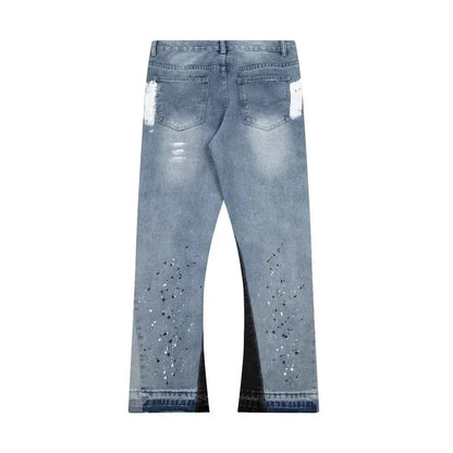 American Streetwear Splashed Ink Patchwork Baggy Jeans Men Women Clothing Tie Dye Trendy Pants Straight Slim Micro-flard Pants