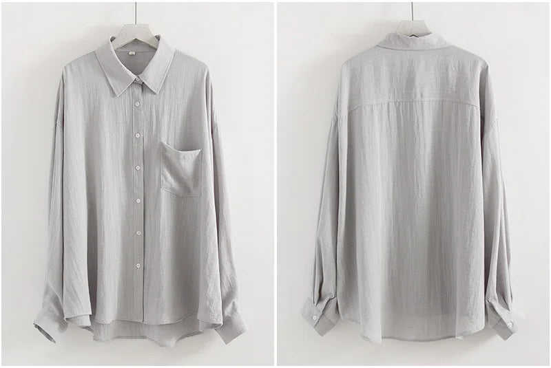 Summer Blue Linen Shirts For Women Oversized Long Sleeve Tops Green Shirt Woman Work Basic Linen Tops Women White Shirts Ladies