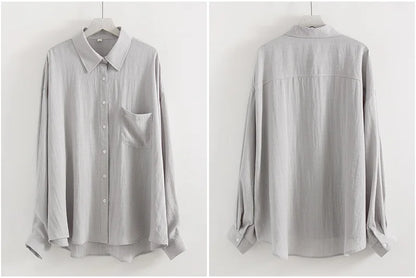 Summer Blue Linen Shirts For Women Oversized Long Sleeve Tops Green Shirt Woman Work Basic Linen Tops Women White Shirts Ladies