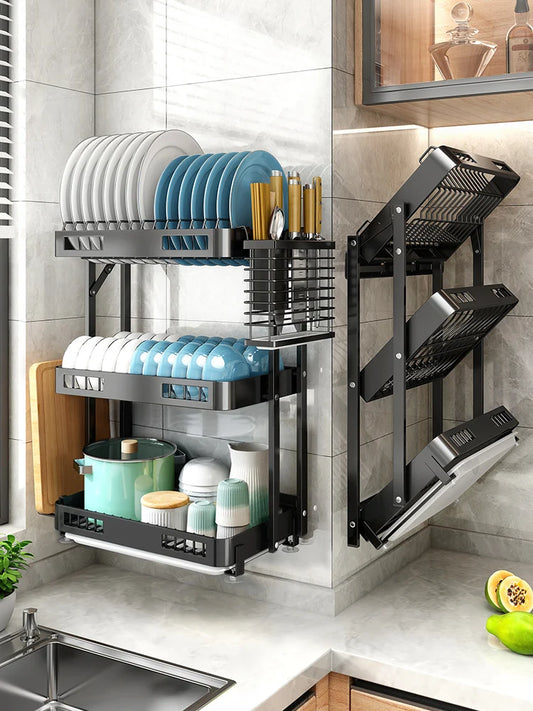 Foldable Kitchen Rack - 3 Layer Rust Resistant Bowl Rack | Punch Free Wall Mounted Storage