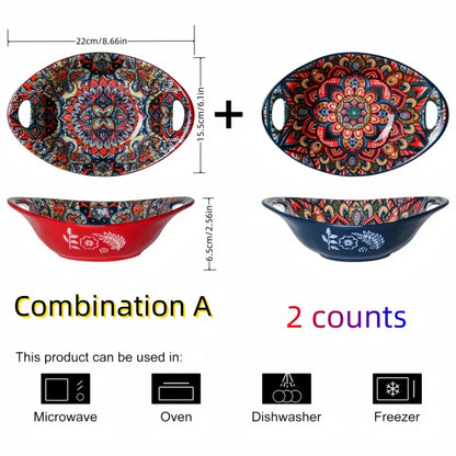 Bohemian Ceramic Salad Bowl Set - Microwave Safe Stackable Oval Plates with Handle 2PCS