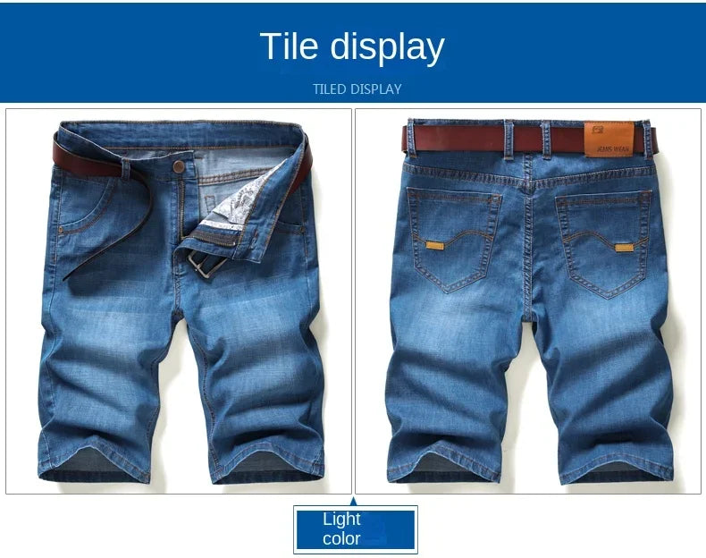 Men's Denim Shorts - Casual Summer Knee Length Multi-Pocket Elastic Waist