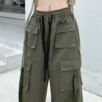 High Quality 2025 Cotton High Street Cargo Pants for Women Men with Ribbon High Waist Wide Leg Hip-hop Cool Dances Pants Ladies