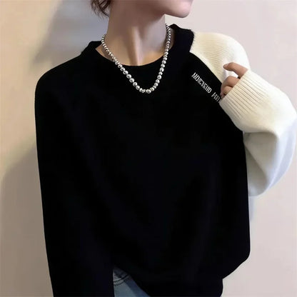 Korean Lady Round NNeck Casual Sweater Spring Autumn Women Fashion Long Sleeved Pullover Knit Female Contrasting Striped Knitted
