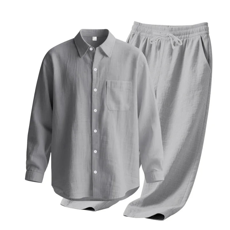Men's Autumn Loose Trend Linen Solid Color Simple Lapel Long-Sleeved Shirt Beach Trousers Set