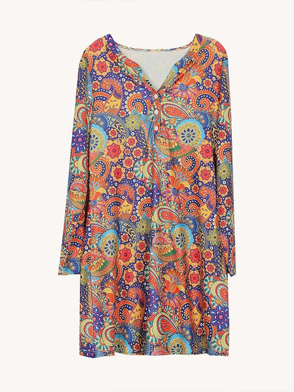 Women's Printed A-Line Dress – Long-Sleeve V-Neck Ruffle Summer Dress