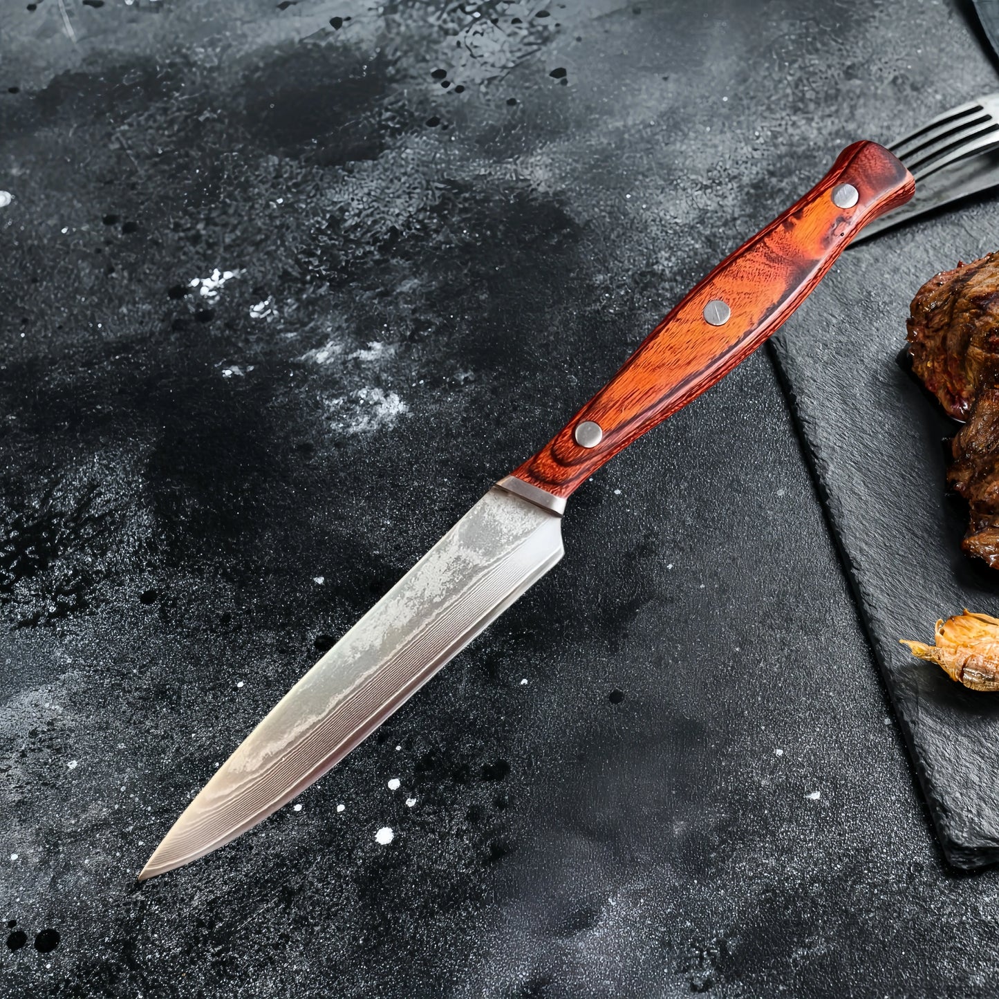 Damascus Steel VG10 Steak Knife - Premium Wood Handle Chef Cutlery with Sheath