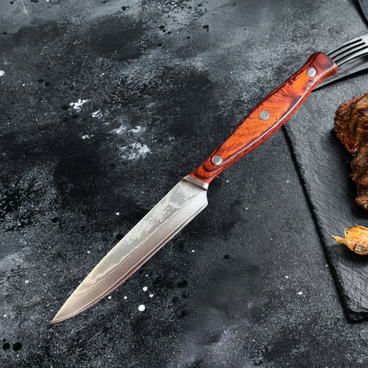 Damascus Steel VG10 Steak Knife - Premium Wood Handle Chef Cutlery with Sheath