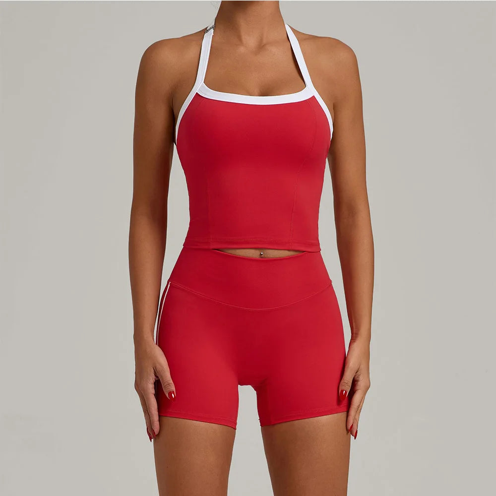 Fashion Patchwork Skinny Shorts Set Gym Women Workout Clothing Summer Sleeveless Backless Fitness Sport Suit Women Sportwear Red