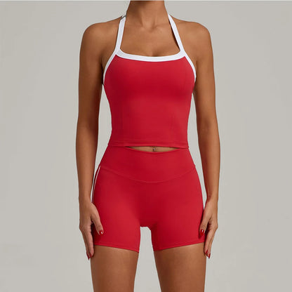 Fashion Patchwork Skinny Shorts Set Gym Women Workout Clothing Summer Sleeveless Backless Fitness Sport Suit Women Sportwear Red