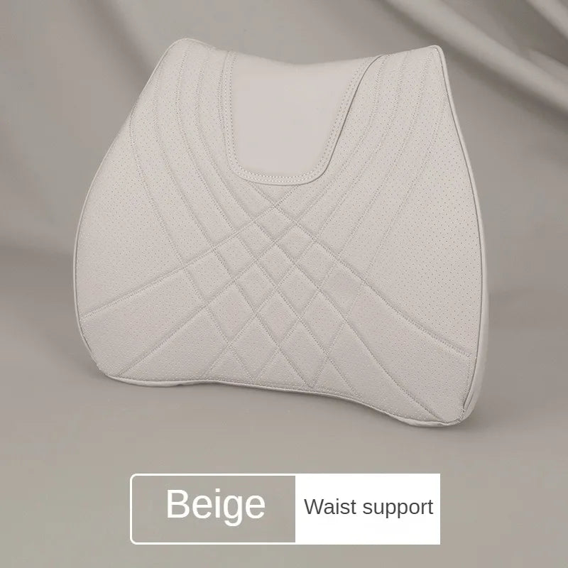 Car Headrest Pillow - Memory Foam Lumbar Support Cushion Set With Leather Cover