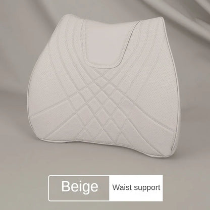 Car Headrest Pillow - Memory Foam Lumbar Support Cushion Set With Leather Cover