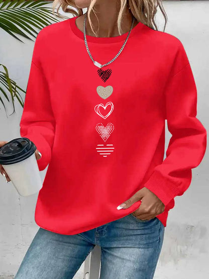 Women's Casual Heart Print Pullover Sweatshirt Geometric Design Long Sleeve Round Neck Machine Washable Regular Fit for Autum