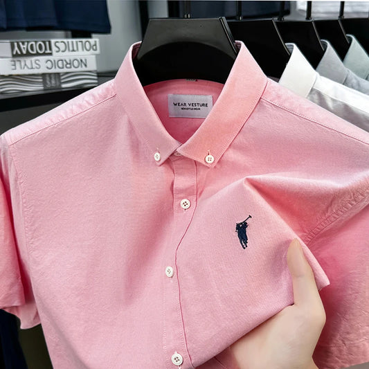 Solid Color Cotton Embroidered Small Horse Logo Shirt, Men's Short Sleeved Casual Versatile High-end Spring and Autumn Shirt