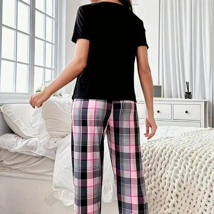 Women's Short Sleeve Crew Neck Top With Shorts And Pants 3 Piece Loungewear Sleepwear Lounge Sets Nighty Print Casual Pajama Set