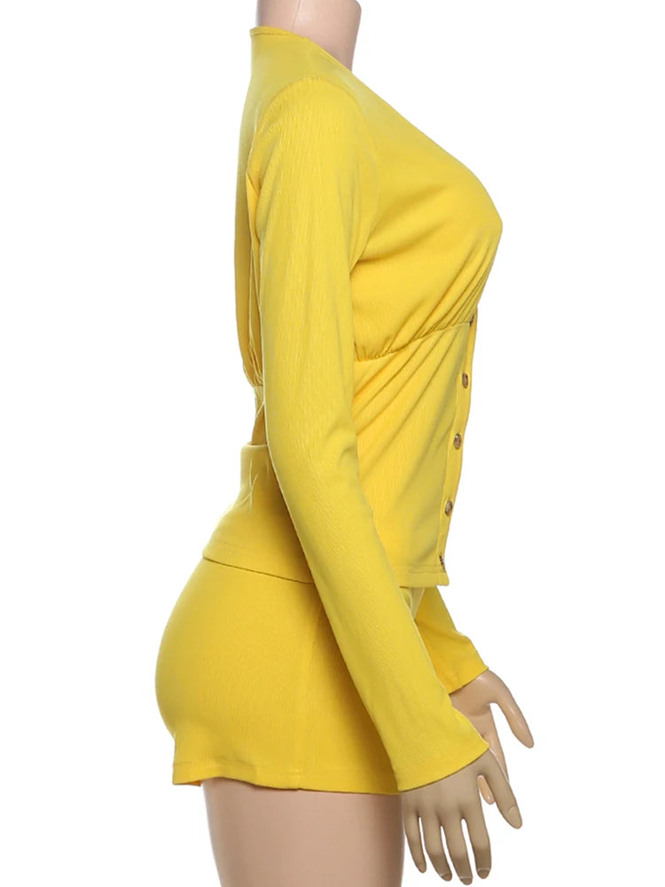 kliou Ribbed Casual Women 2 Piece Set Autumn New Full Sleeve V-neck Single Breasted Tops+Slim Shorts Mujer Daily Street Outfits