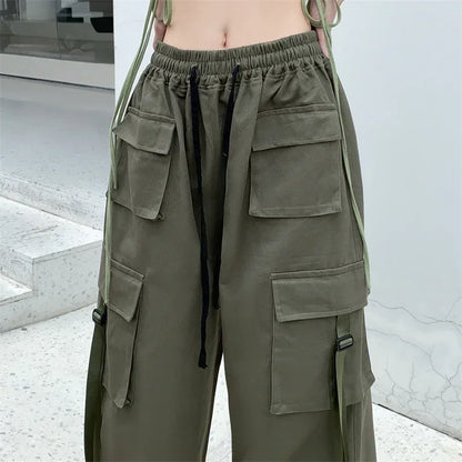 High Quality 2025 Cotton High Street Cargo Pants for Women Men with Ribbon High Waist Wide Leg Hip-hop Cool Dances Pants Ladies