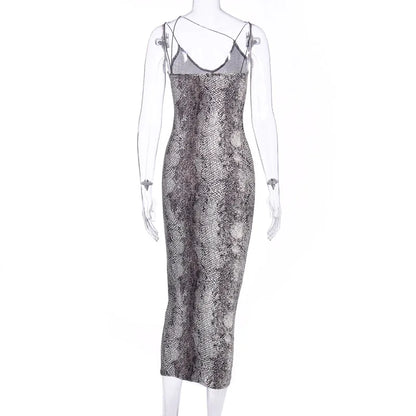 Leopard Sleeveless Dress - Slim Fit High Waist Spaghetti Strap Summer Party Gown