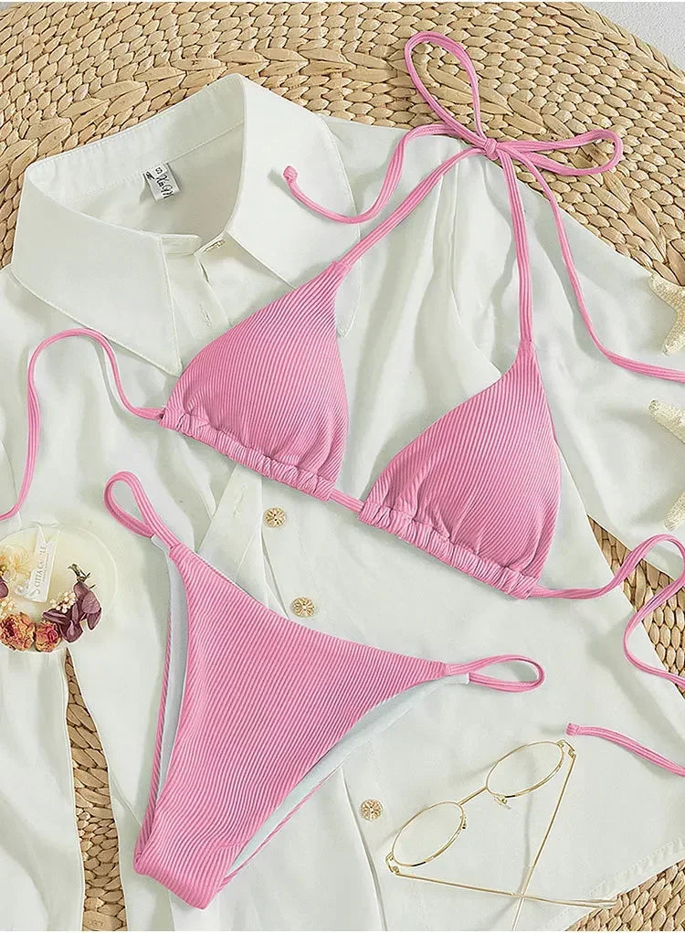 Sexy Women Thong Solid Color Bikini Set Side Halter Tie Swimsuit Ladies Split Strap Adjustable Brazilian Swimwear Beachwear