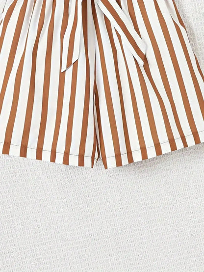 Women's casual daily short sleeved love printed+striped printed shorts 2-piece set with random belt striped children's clothing