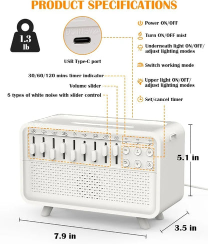 Bluetooth White Noise Machine with Aroma Diffuser  Humidifier - 8 Natural Sounds Night Light  Sleep Therapy - ZOOMNSTORE
