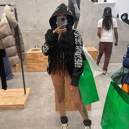 Women Crop Zip Hoodie Y2K Gothic Letter Big Hood Slim Sweatshirt Long Sleeve Cropped Jacket Street Club Daily Casual Outfit