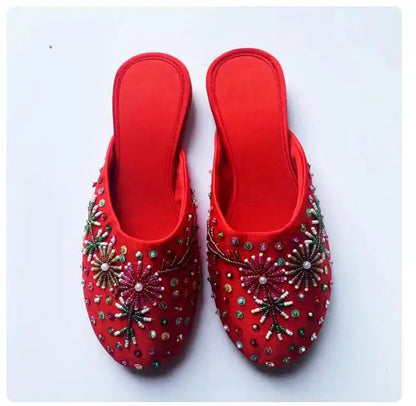 36-40 Women Slippers Sequin Embroider Shoes Summer Silk Fabric Flats Flower Closed Toe Soft Sole Non-slip Chinese Style Footwear