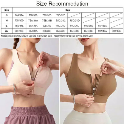 Front Zipper Sports Bra - Women's Athletic Crop Top, Push Up Wireless Fitness Tank