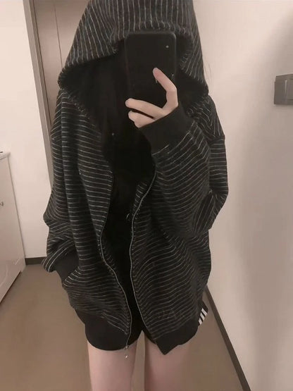 Y2K Vintage Zipper Hoodie Women Long Sleeve Subculture Purple Stripe Priint Harajuku Style Autumn Spting Casual Tops Streetwear