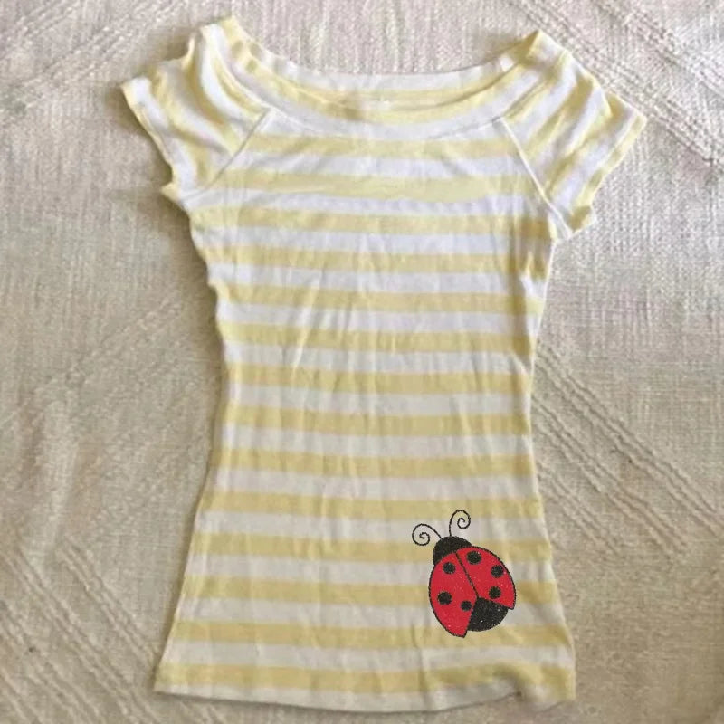 Y2k Crop Top Women Hot Girl Stripe Street Emo 2000s Cloth Summer Vintage Short Sleeve T-shirt Fashion Chic Classic Cute Baby Tee