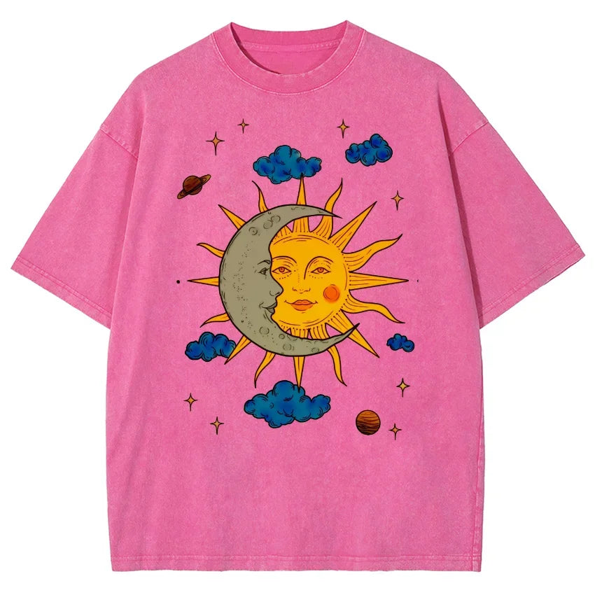 Men's Oversized T-Shirt - Retro Printed Tee With Moon And Sun Print, Breathable Cotton
