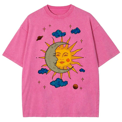 Men's Oversized T-Shirt - Retro Printed Tee With Moon And Sun Print, Breathable Cotton