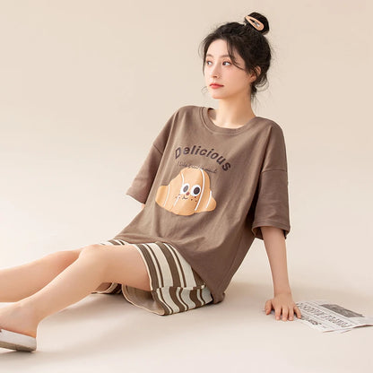 Couple Pajamas Set Summer Short-Sleeved Sleepwear 100% Cotton Men and Women Pyjamas