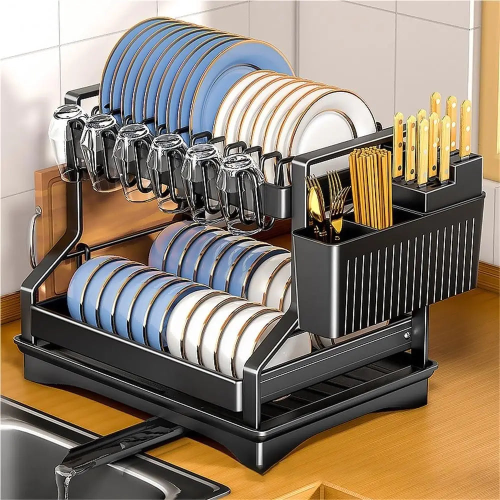 2-Tier Dish Drying Rack - Large Carbon Steel Kitchen Dish Rack with Drainboard & Utensil Holder