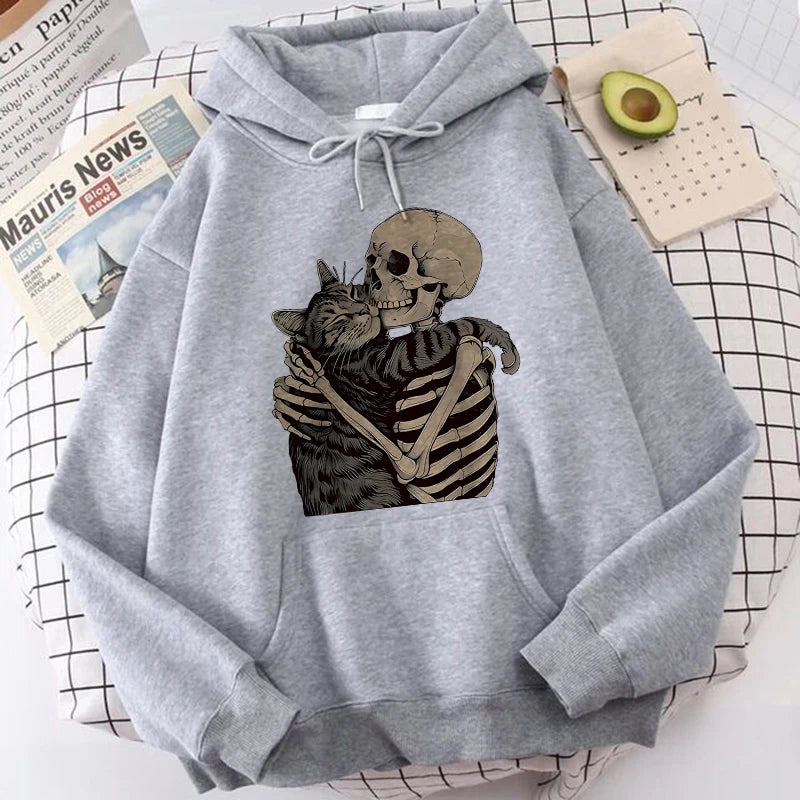 Halloween Skull and Cat Print Kangaroo Pocket Hoodies Fall Winter Long Sleeve Sweatshirt Unisex Funny Vintage Hooded 90s Clothes