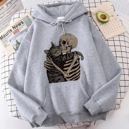 Halloween Skull and Cat Print Kangaroo Pocket Hoodies Fall Winter Long Sleeve Sweatshirt Unisex Funny Vintage Hooded 90s Clothes
